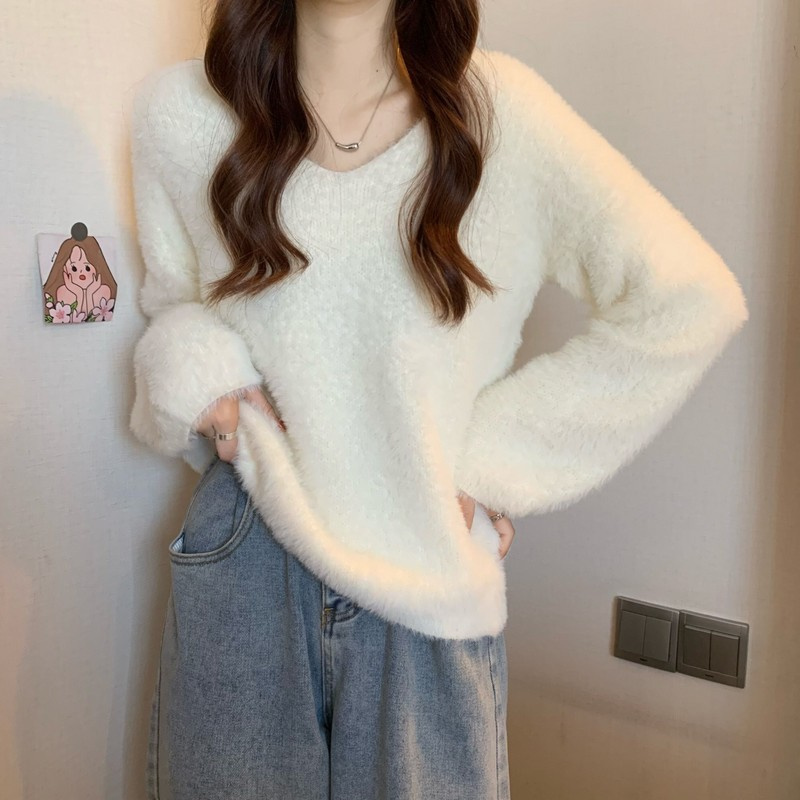 ふんわり質感トップス もこもこ ニットセーター モヘアタッチ