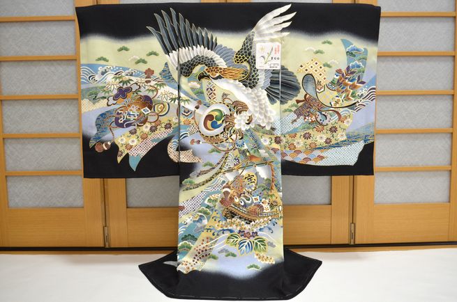 お宮参り 着物 男 正絹初着 男の子産着 鷹 刺繍 束ね熨斗 宝船