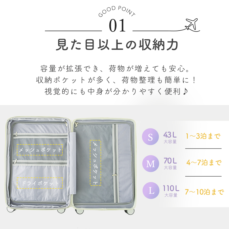 スーツケース キャリーバッグ cicibella カバー S M L 旅行バッグ 機内持ち込み USBポート付き かわいい 大容量 多収納ポケット トランク 旅行 2泊3日｜yottego｜06