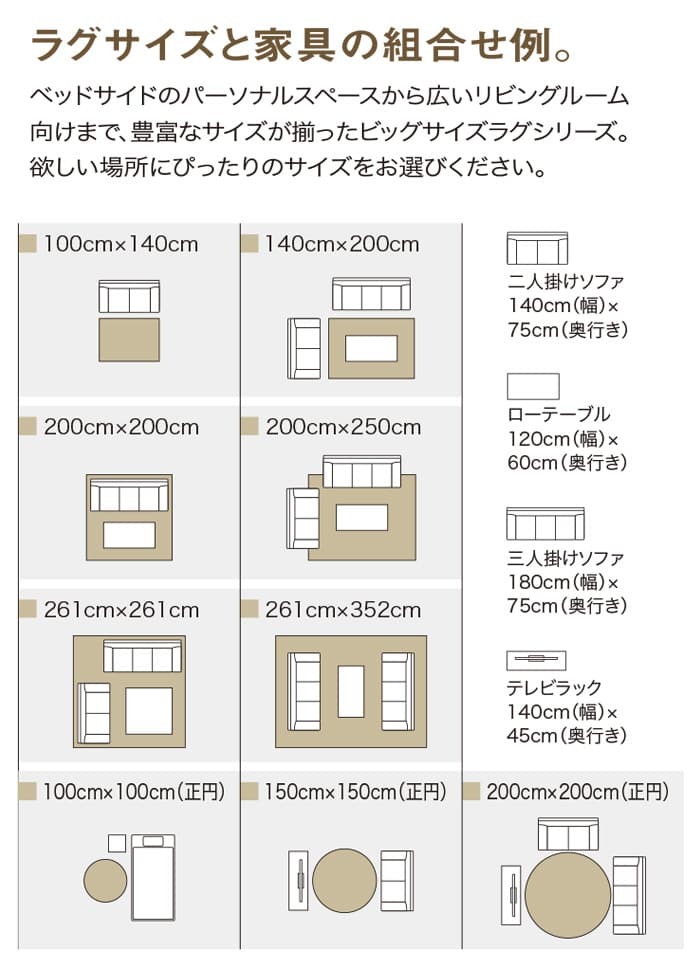 ラグサイズと家具の組み合わせ例