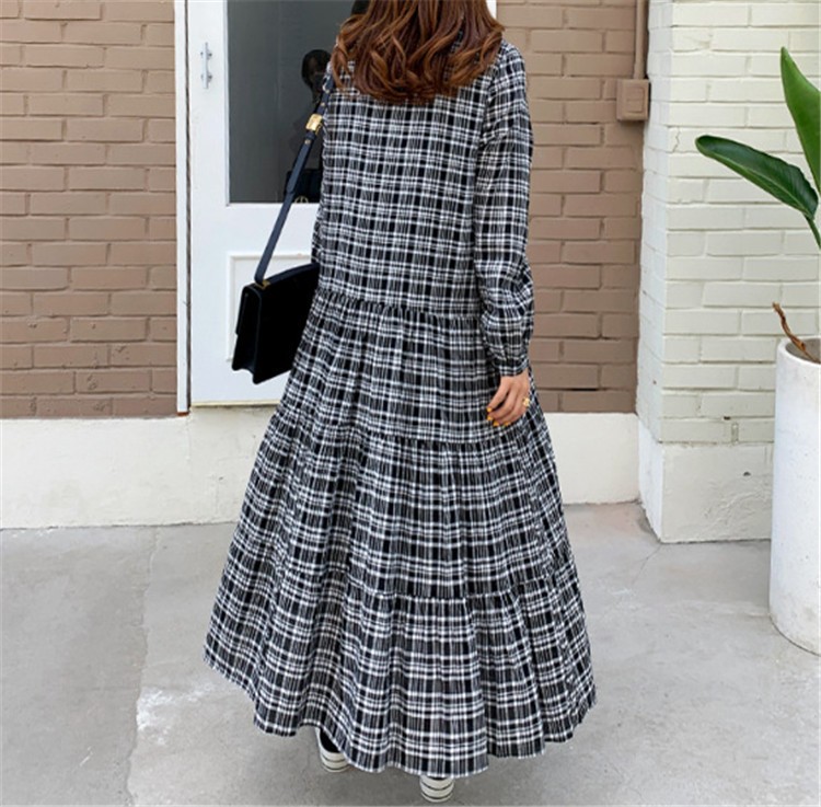 45R チェックロングワンピース セール】ビッグカラー チェック柄 ドッキング ロング ワンピース