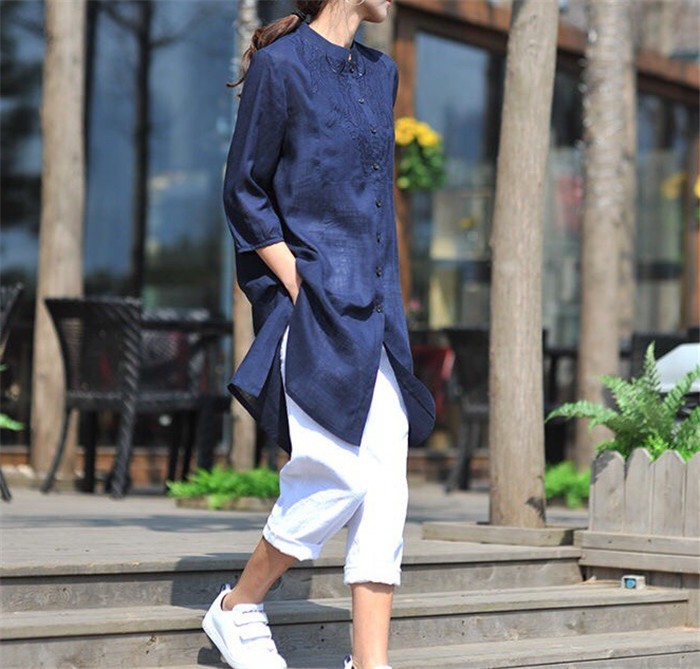 8円 信頼 ワンピース ロングシャツ シャツワンピース 綿麻混 捺染 プルオーバー ブラウス トップス