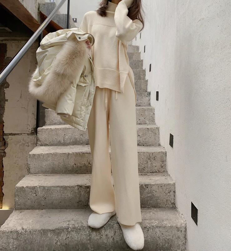ワイドパンツ レディース ニットパンツ リブパンツ リブニット
