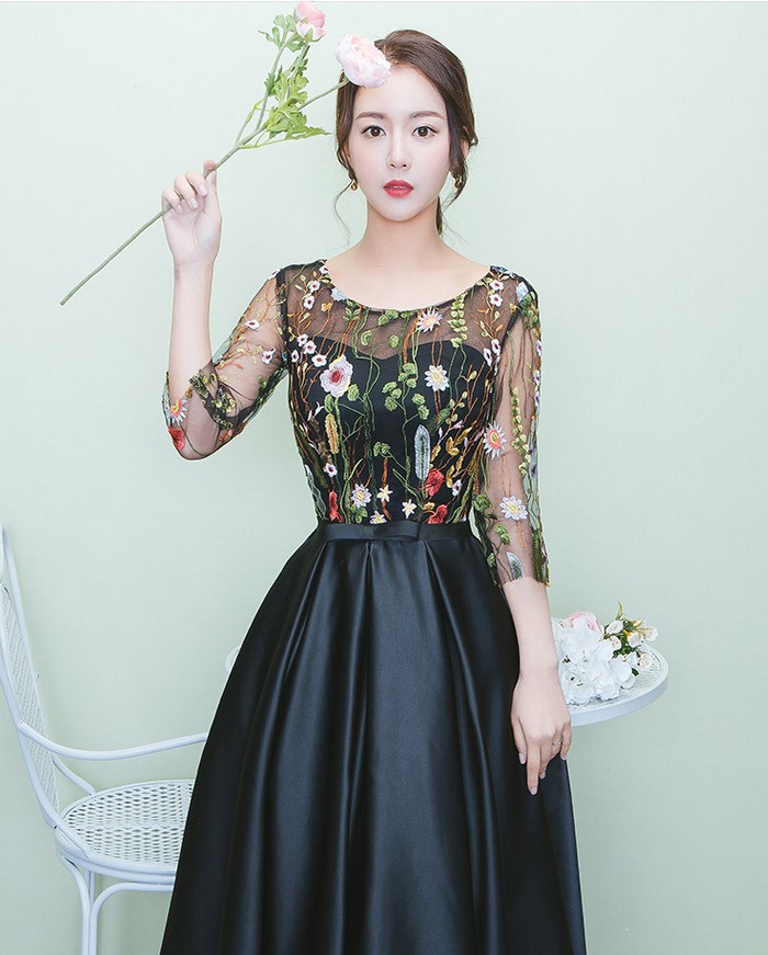 パーティードレス 結婚式 ドレス ウエディングドレス ミモレ丈 七分袖