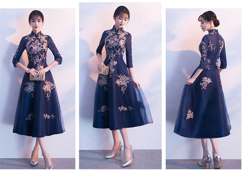 パーティードレス 結婚式 ワンピース ドレス 袖あり 立ち襟 刺繍 ミディアム丈 お呼ばれ 二次会 卒業式 成人式 謝恩式 食事会 花嫁 着痩せ 上品 紺色 パーティードレス 結婚式 ワンピース ドレス 袖あり 立ち襟 刺繍