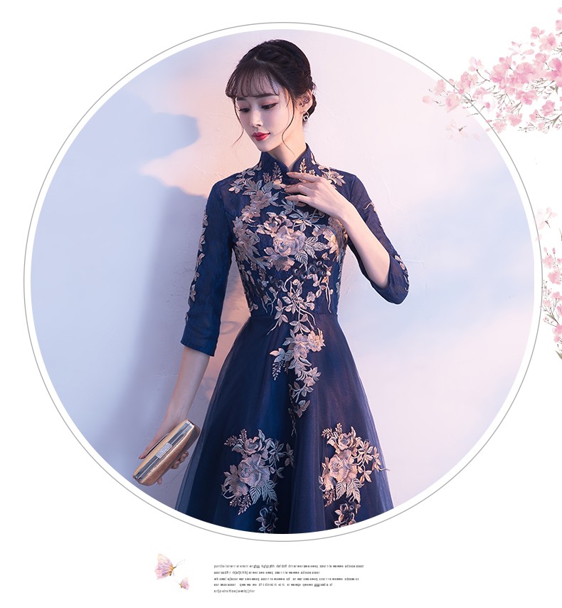 パーティードレス 結婚式 ワンピース ドレス 袖あり 立ち襟 刺繍 ミディアム丈 お呼ばれ 二次会 卒業式 成人式 謝恩式 食事会 花嫁 着痩せ 上品 紺色 パーティードレス 結婚式 ワンピース ドレス 袖あり 立ち襟 刺繍