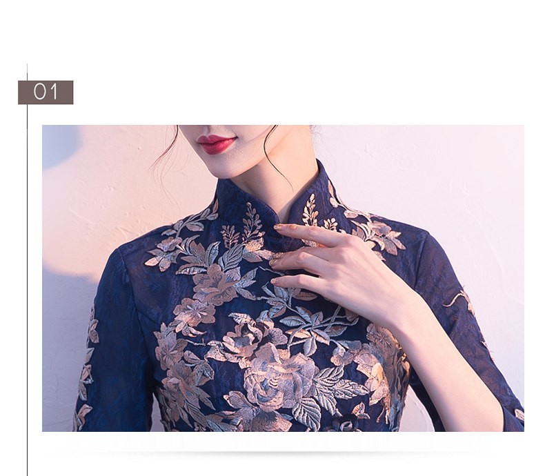 パーティードレス 結婚式 ワンピース ドレス 袖あり 立ち襟 刺繍