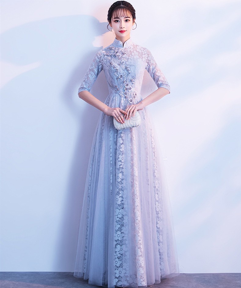 パーティードレス ロング丈 結婚式 ワンピース ドレス 袖あり レース