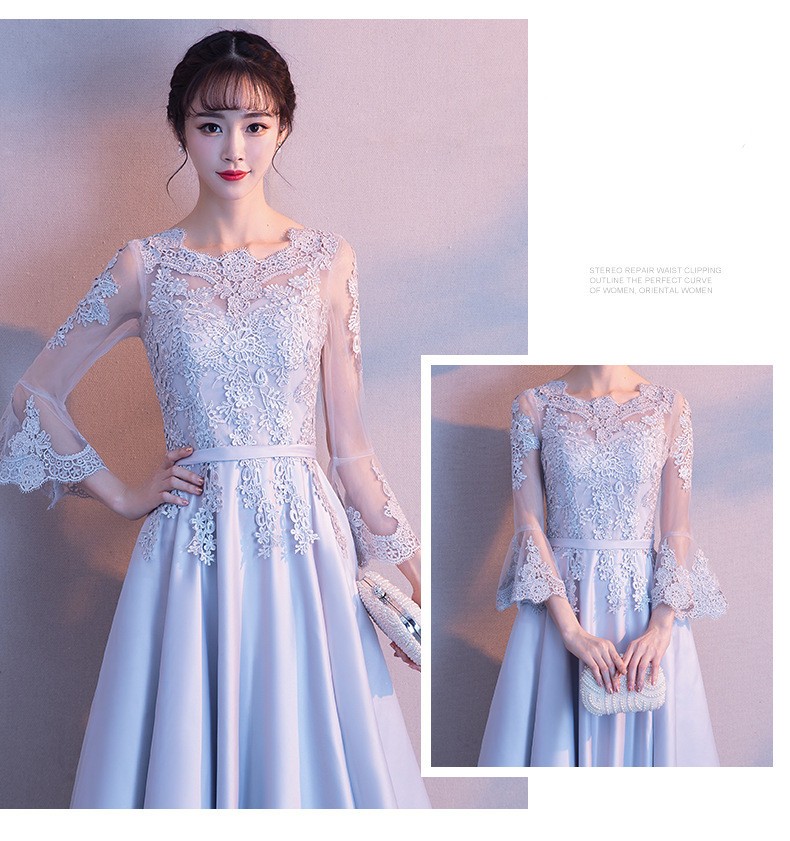 結婚式 ロング パーティードレス シルバー フレア レース 韓国 パーティードレス 20代 袖あり ロング丈 韓国風 結婚式 ドレス