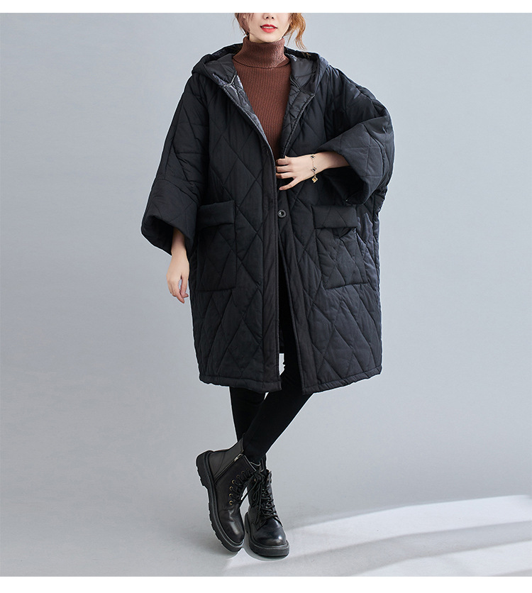 中綿コート コート レディース 冬 アウター ミディアム ロングコート 中綿 ゆったり 暖かい 体型カバー 大きいサイズ 体型カバー 防寒 フード付き  黒 40代