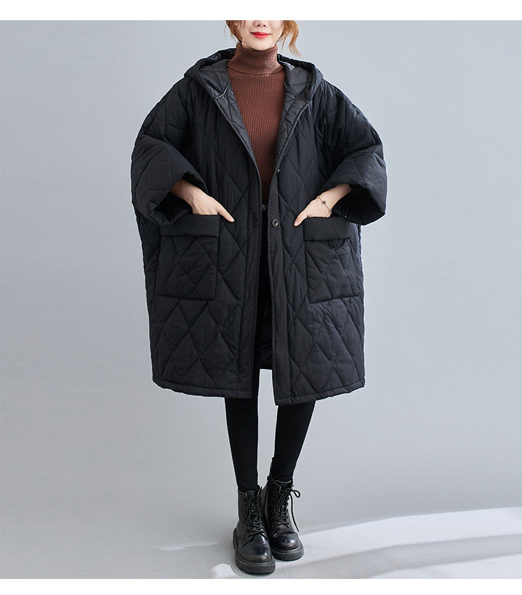 中綿コート コート レディース 冬 アウター ミディアム ロングコート 中綿 ゆったり 暖かい 体型カバー 大きいサイズ 体型カバー 防寒 フード付き  黒 40代