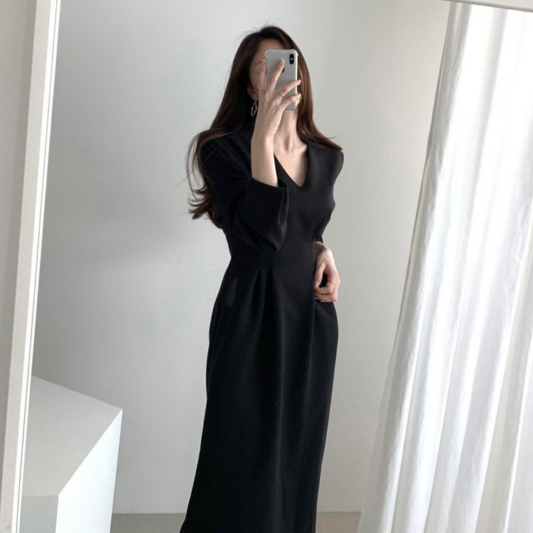 ワンピース 長袖 Vネック S-LL 無地 フォーマル 結婚式 8098 ワンピース レディース 40代 秋秋 ロングワンピース 長袖 V