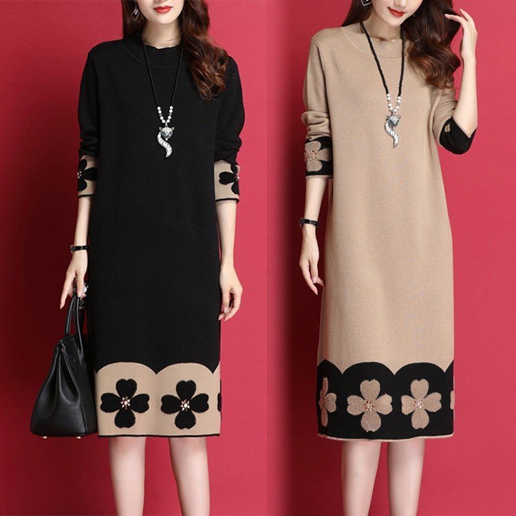 ニットワンピース レディース 40代 秋冬 膝丈 配色 ロングセーター メリヤス ワンピース きれいめ 上品 カジュアル 長袖 花柄 体型カバー 通勤 着痩せ 大人 ニットワンピース レディース 40代 秋冬 膝丈 配色 ロングセーター