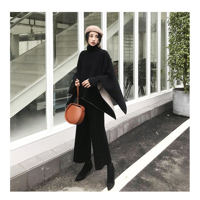 セットアップ レディース 40代 秋冬 長袖 マントプルオーバー 黒