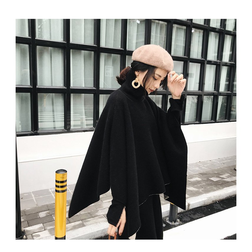 セットアップ レディース 40代 秋冬 長袖 マントプルオーバー 黒