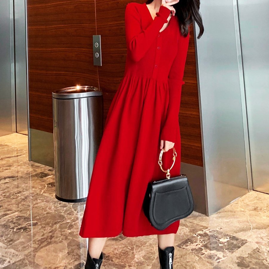 4色 ニット ワンピース 長袖 イージーネック ボタン 大人シック ワンピース Vネック 長袖 ニットワンピース セクシー レディース