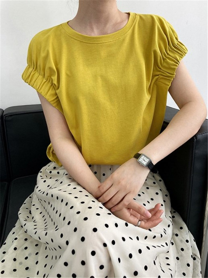Tシャツ レディース 半袖 フレンチスリーブ ギャザー ボリューム袖 黄色 イエロー フレンチ ゴム 袖ゴム 白 お洒落 韓国 シンプル B会場 優良 Tシャツ レディース 半袖 フレンチスリーブ ギャザー ボリューム