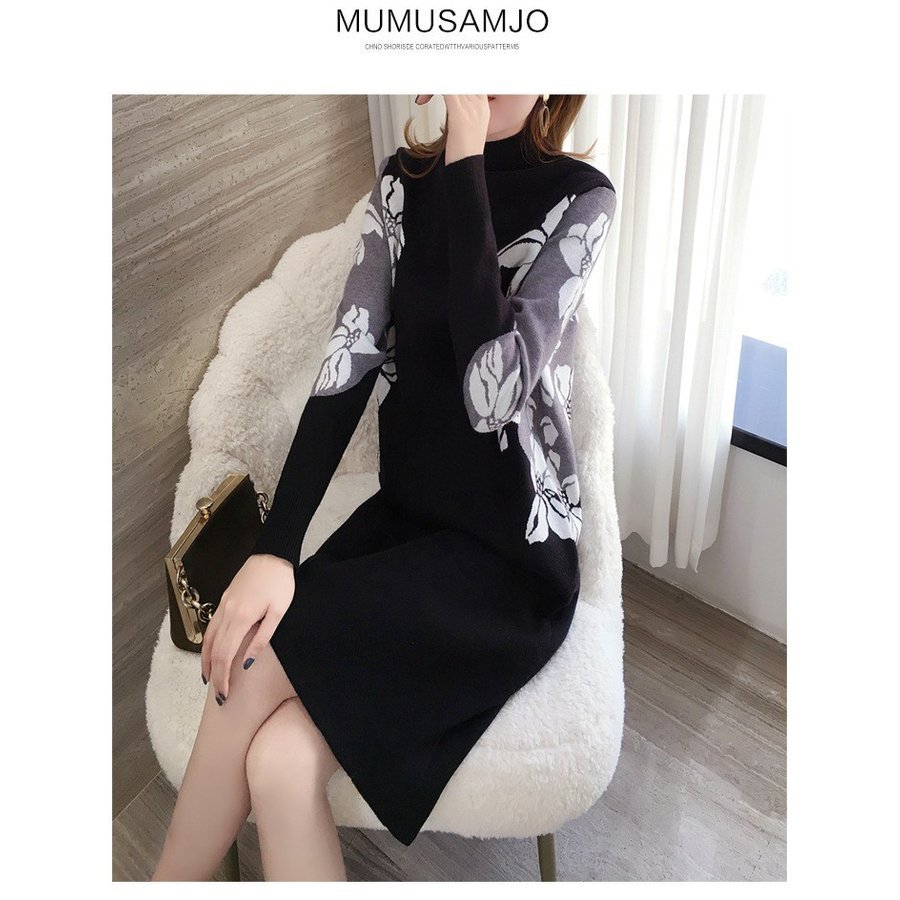 ニットワンピース レディース 秋冬 膝丈 ワンピース 厚手 きれいめ 花柄 上品 大人 お出かけ 30代 40代 50代長袖 体型カ 通勤 OL 新作  着痩せ : youdear - 通販 - Yahoo!ショッピング