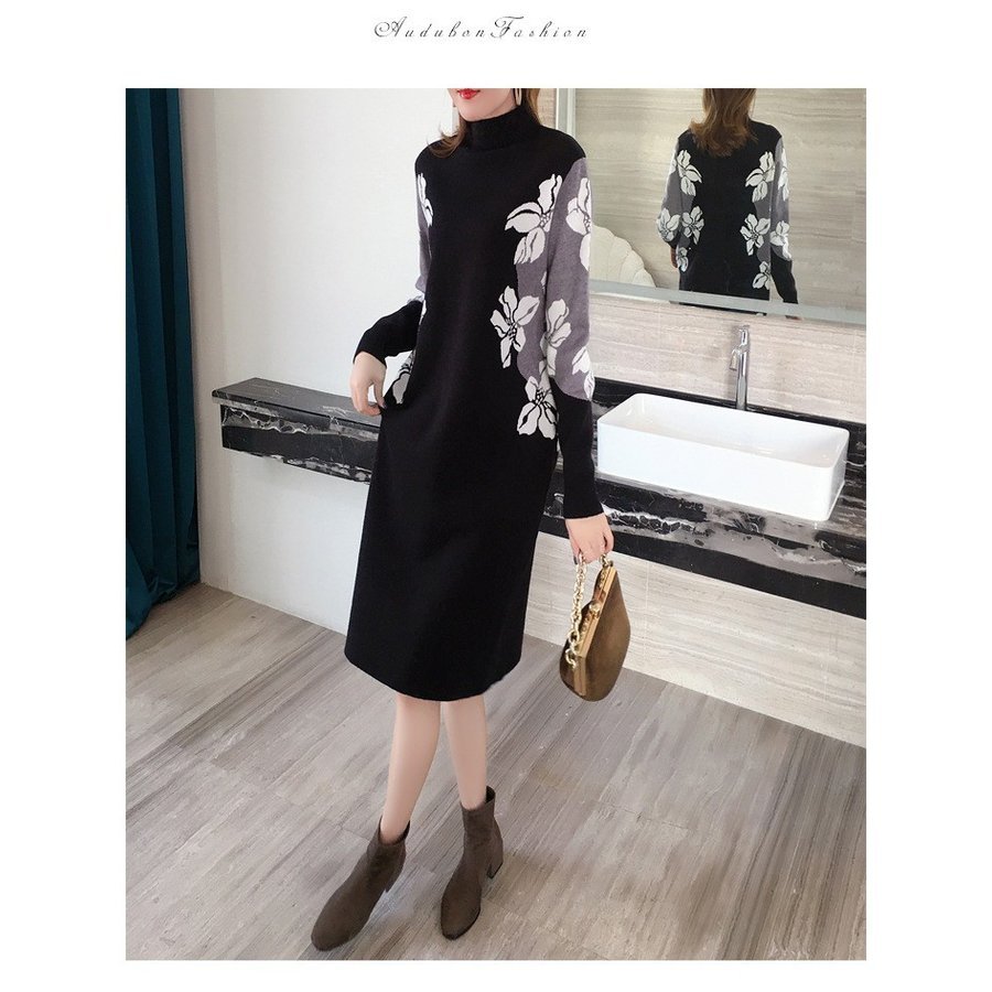 ニットワンピース レディース 秋冬 膝丈 ワンピース 厚手 きれいめ 花柄 上品 ワンピース 大人 お出かけ 30代 40代 50代長袖 体型カ 通勤  OL 新作 着痩せ
