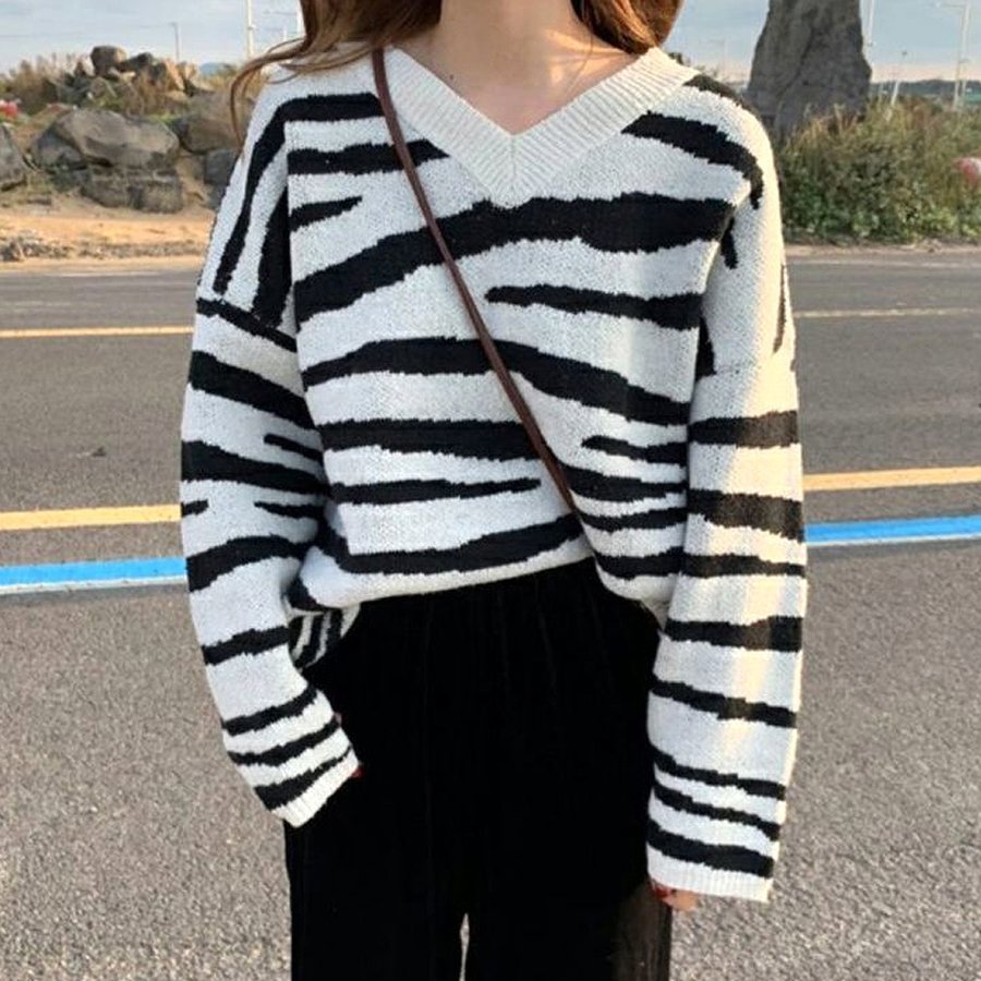 ニットセーター レディース オーバーサイズ Vネック ニットソー ゼブラ 直販早割 ひょーまくん Vネックセーター ニット/セーター