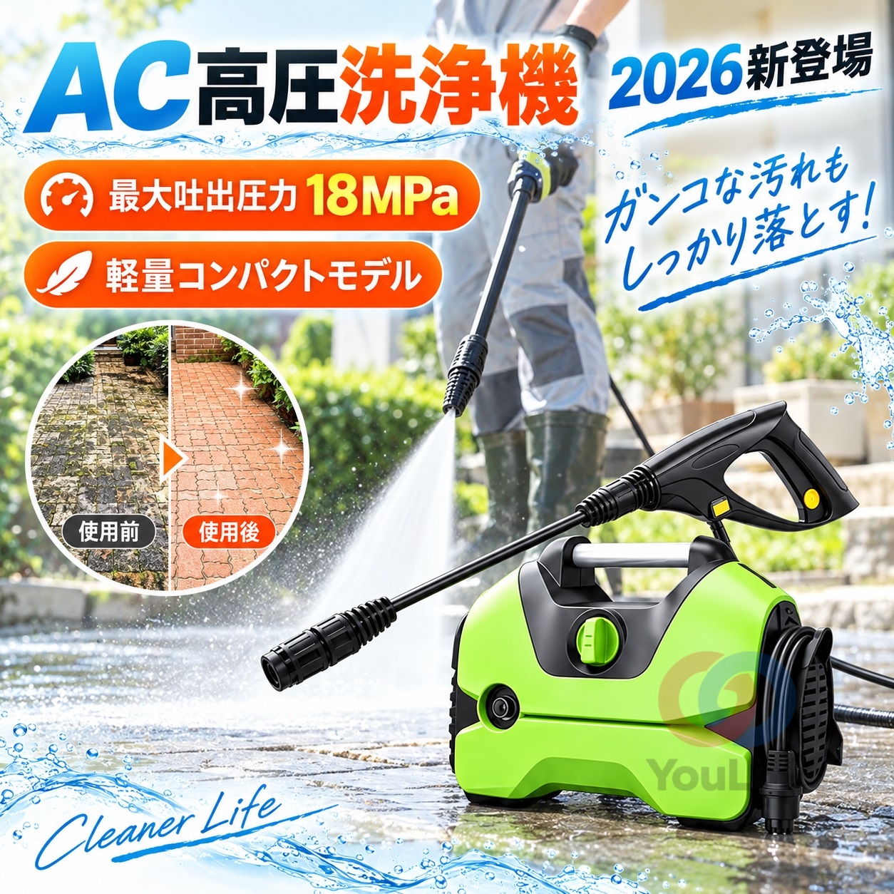 高圧洗浄機 業務用 家庭用 水道直結 AC 1200W 最大吐出圧力18MPa 軽量