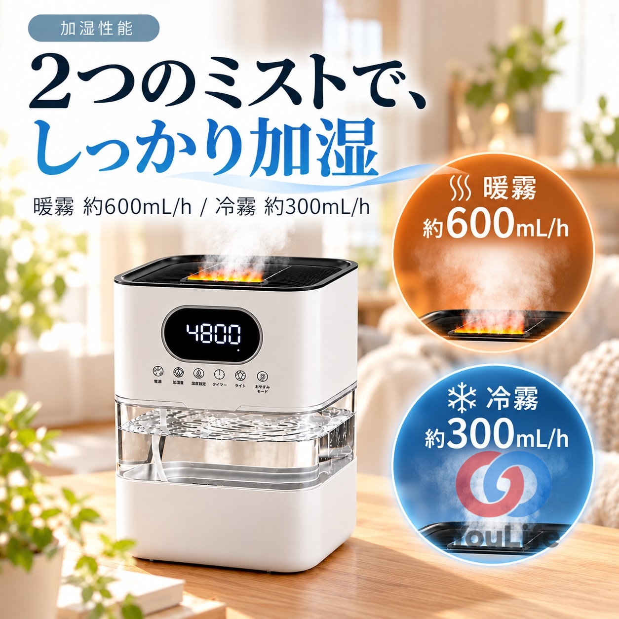 ハイパー加湿！大容量 パワフル 加湿器 メガミスト 600ml 加湿器 大容量 8.5L 温冷ミスト 超音波式 加熱式 2WAY 加湿空気清浄機