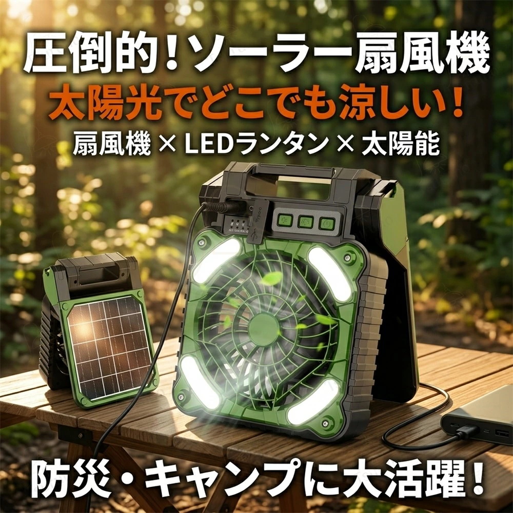 ソーラー扇風機 アウトドア ファン 5200mAh大容量 卓上 置き型 卓上
