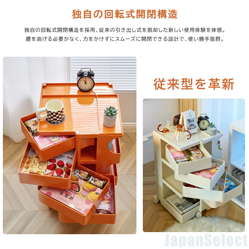 収納キャビネット 北欧モダン 回転式引き出し キャスター付き 回転式