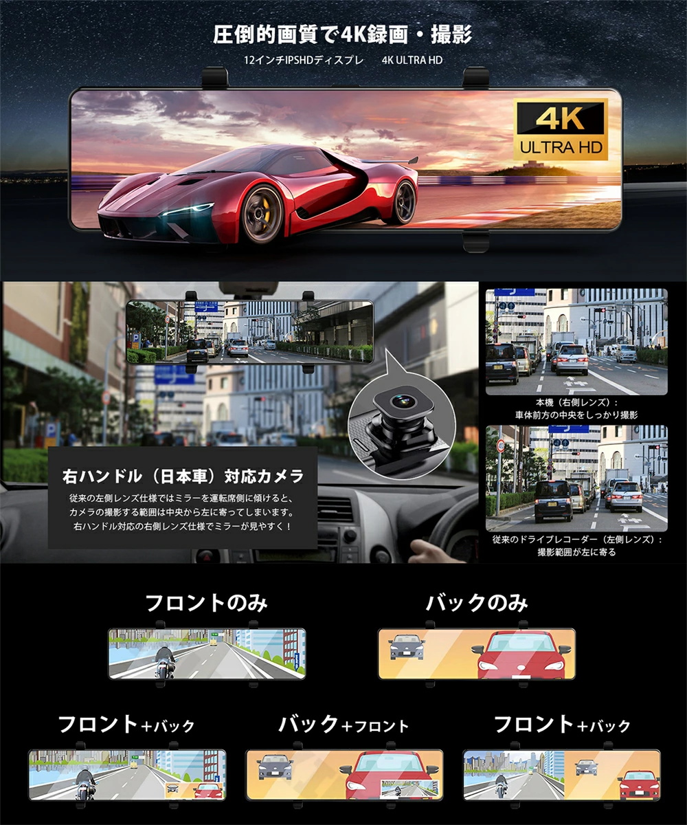 ドライブレコーダー ミラー型 前後 4K画質 HDR WDR タッチパネル ドライブレコーダー ミラー型 前後 3カメラ 360度全方位保護 170°広角