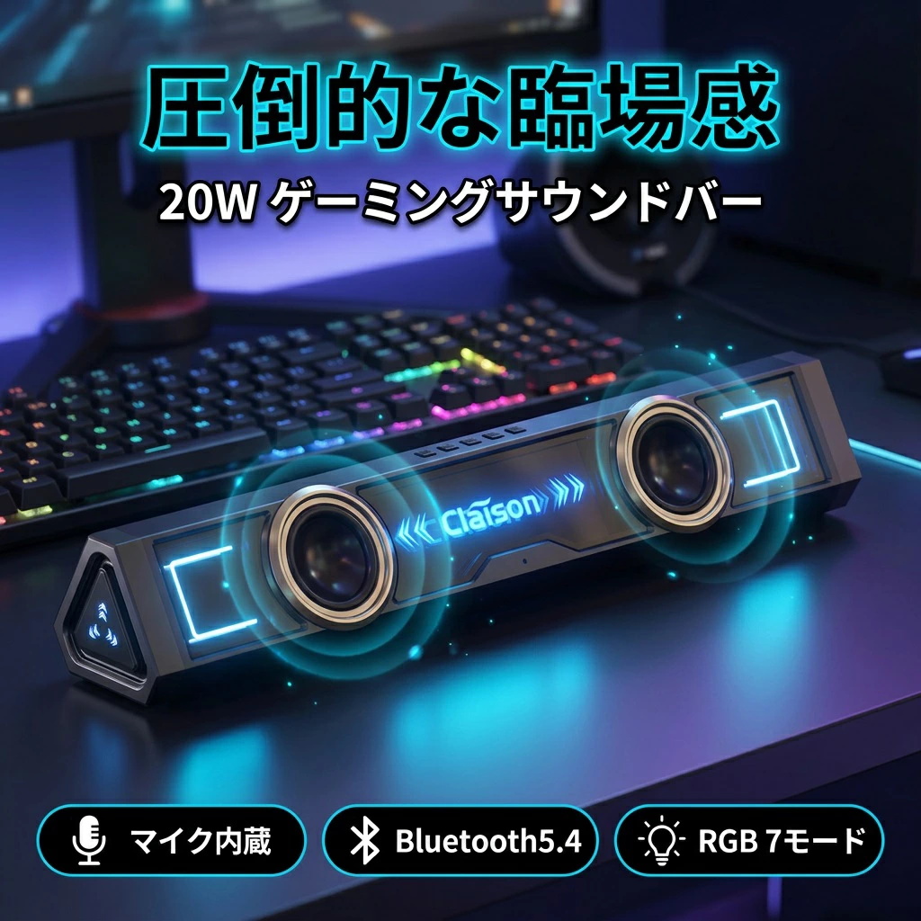 サウンドバー スピーカー PC ゲーミング Bluetooth 5.4 USB 20W 高音質