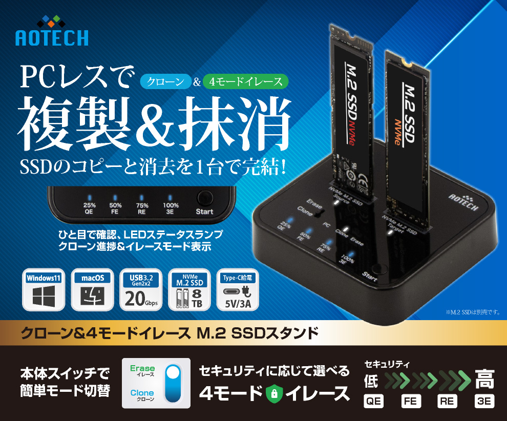 M.2 NVMe SSD クローン＆4モードイレーススタンド AOK-NVMERCL-20G 箱潰れ品