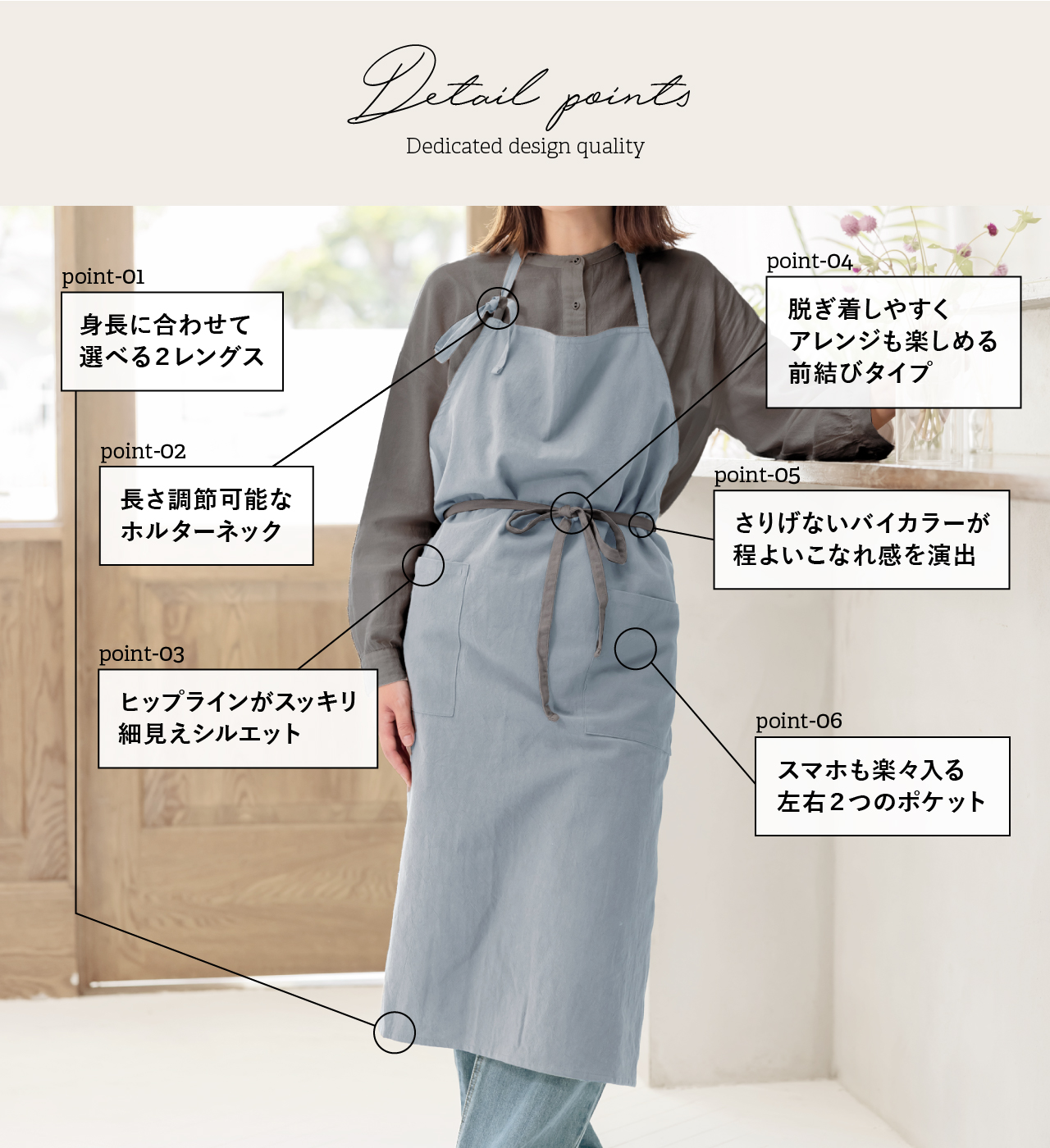 エプロン おしゃれ ポケット付き カフェ風 バイカラー 難燃性