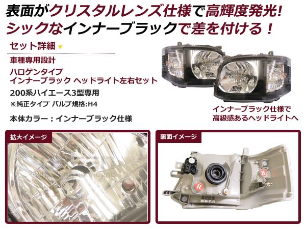 200系 ハイエース 3型 ヘッドライト インナーブラック 純正タイプ