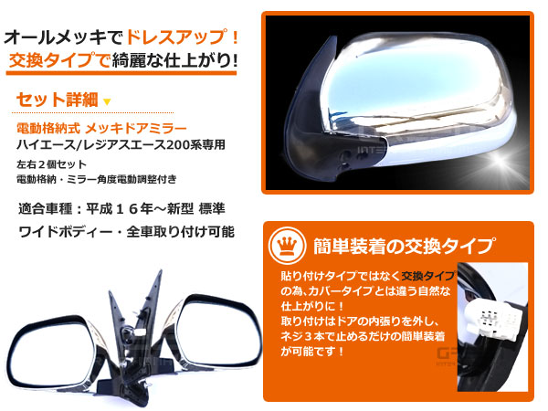 交換式 ハイエース200系 憧れのスーパーGL純正風 電格ドア ミラー S-GL