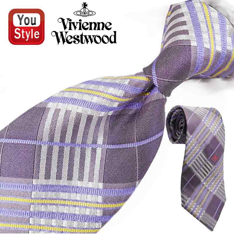 ヴィヴィアンウエストウッド　チェック柄ネクタイ 薄紫とベージュ vw12-1d.jpg
