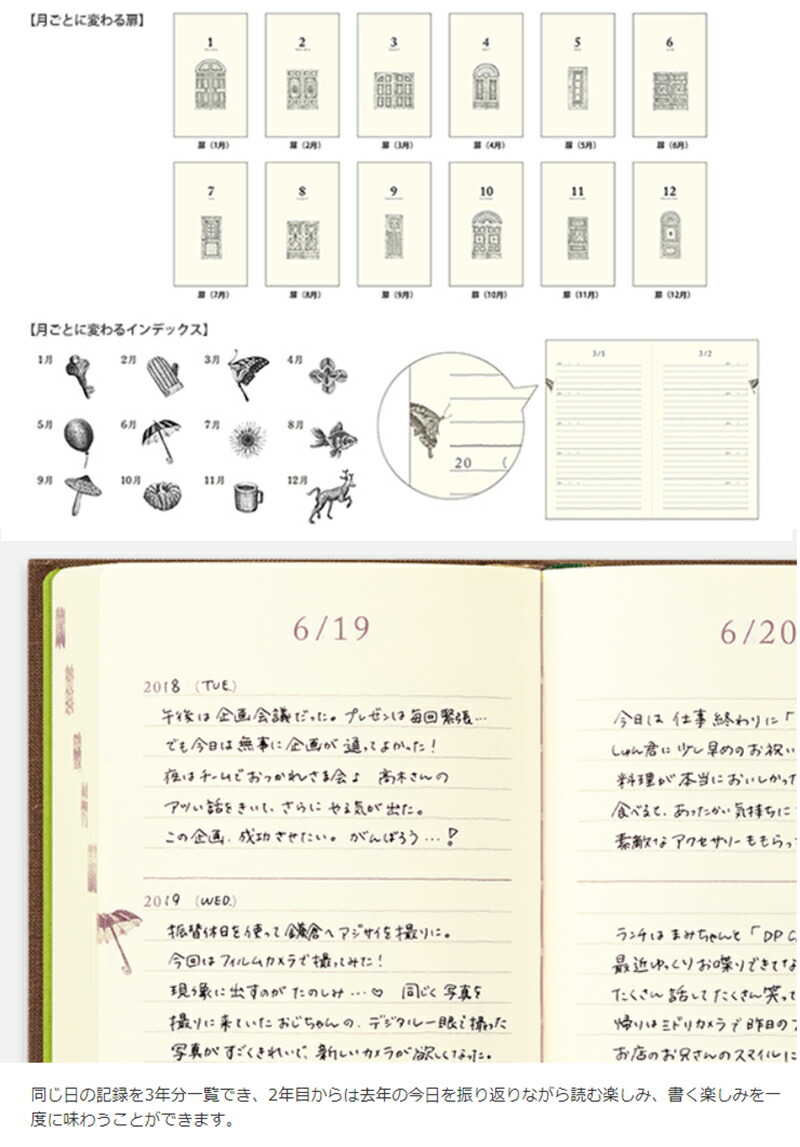 MIDORI（ミドリ） 日記帳 日記 3年連用 扉 水色 12394006 / 茶