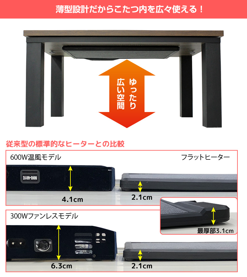 こたつテーブル 長方形 フラットヒーター 105×75cm YLW-1059MC(LBW) リビングこたつ 家具調コタツ ユアサプライムス YUASA｜yp-com｜09