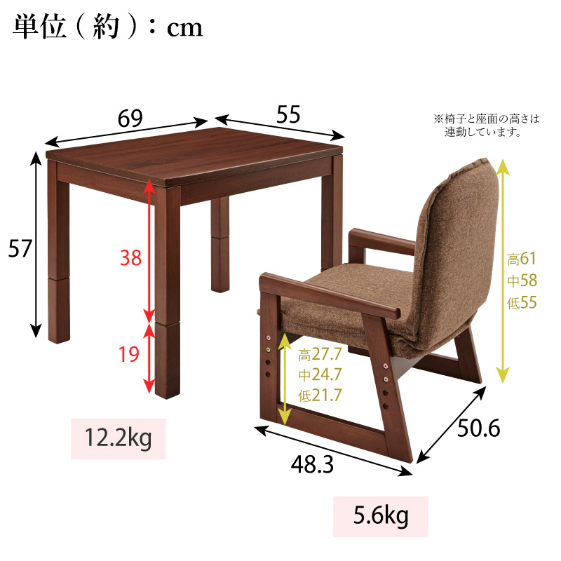 一人用こたつ 3点セット 長方形 お1人様 ダイニングコタツ なごみ69 NGM-G69DLH（FBR） コンパクトこたつテーブル デスクこたつ チェア 布団 69×55cm ユアサ｜yp-com｜16