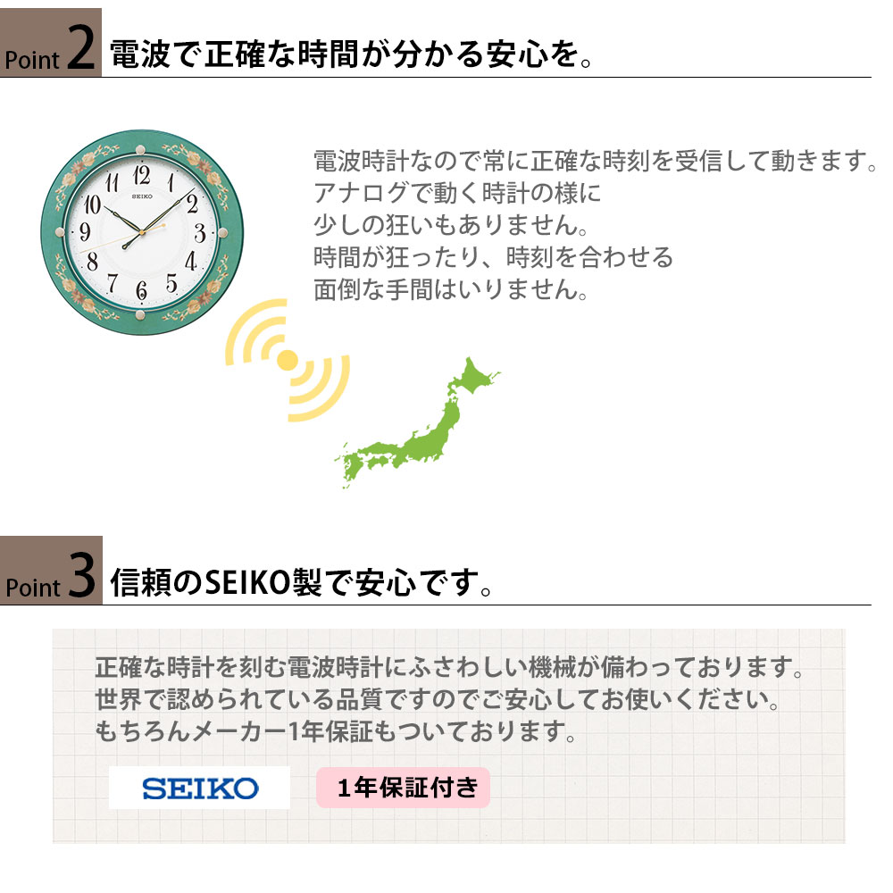 電波時計 セイコー 壁掛け時計 花柄 掛け時計 スイープ秒針 連続