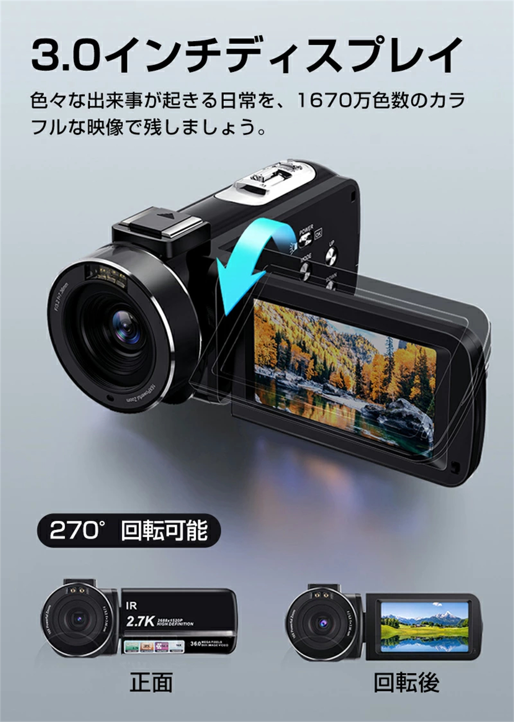 ビデオカメラ 2.7K 3600万画素 32GBカード付き Wifi機能 撮影 録画 DV 