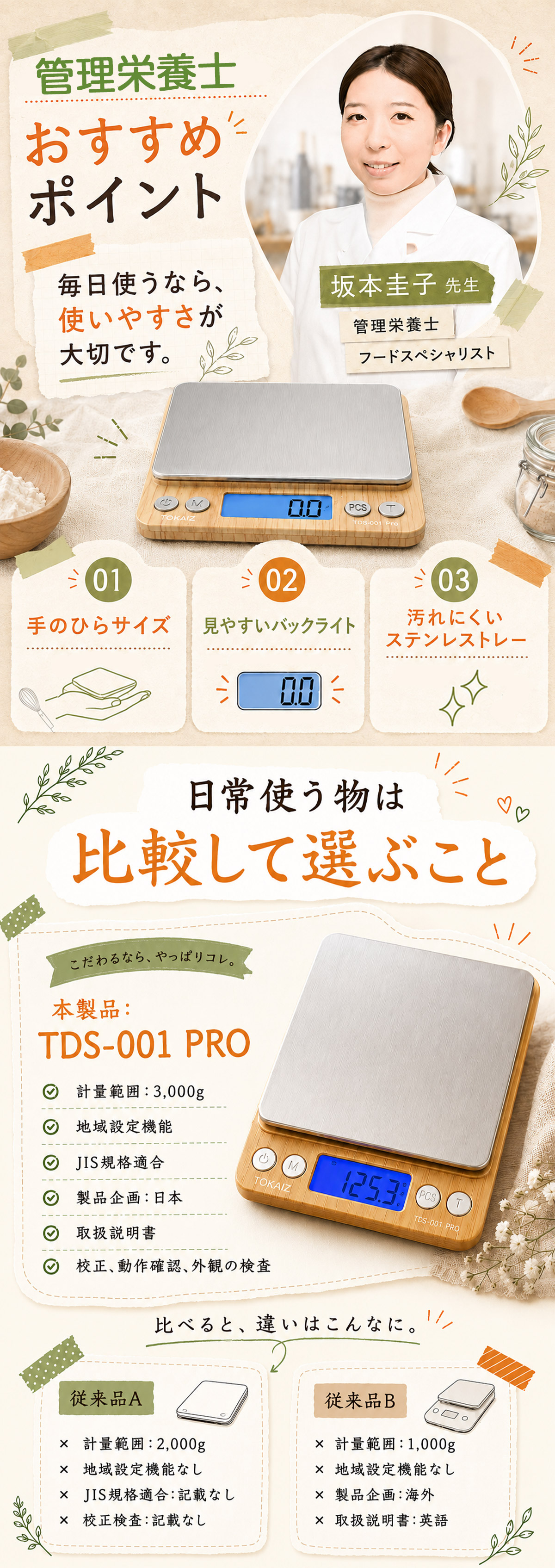 薄型コンパクトなクッキングスケール