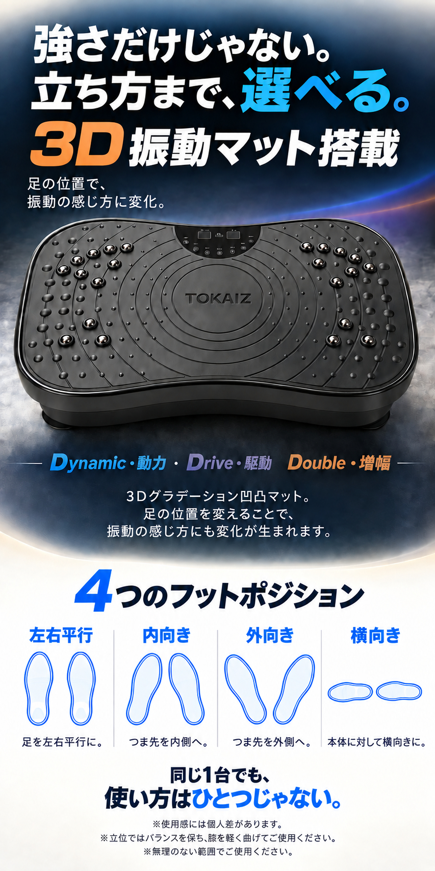 TVI-001s 3D振動マットと4つのフットポジション