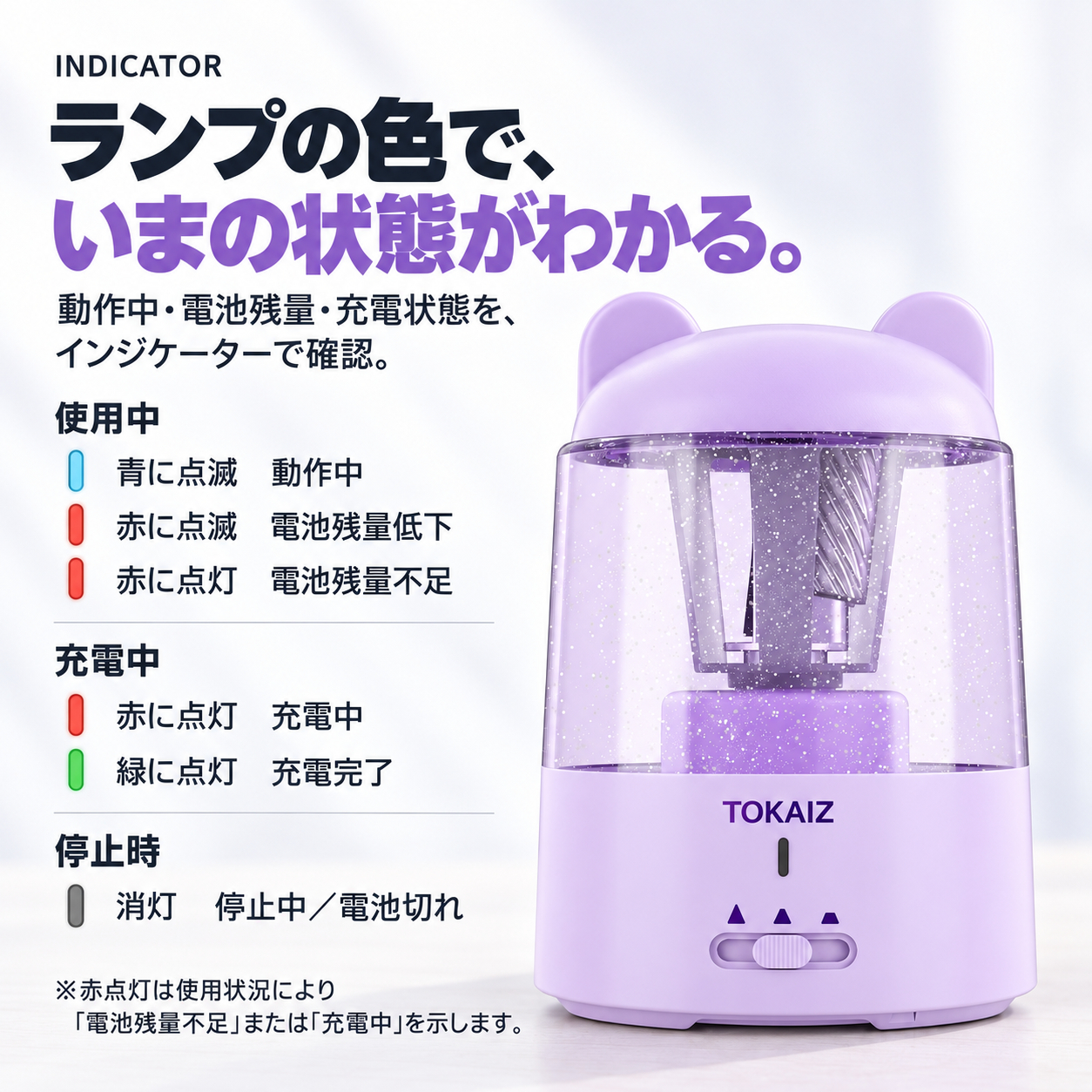 ランプ色で動作・電池・充電状態を確認