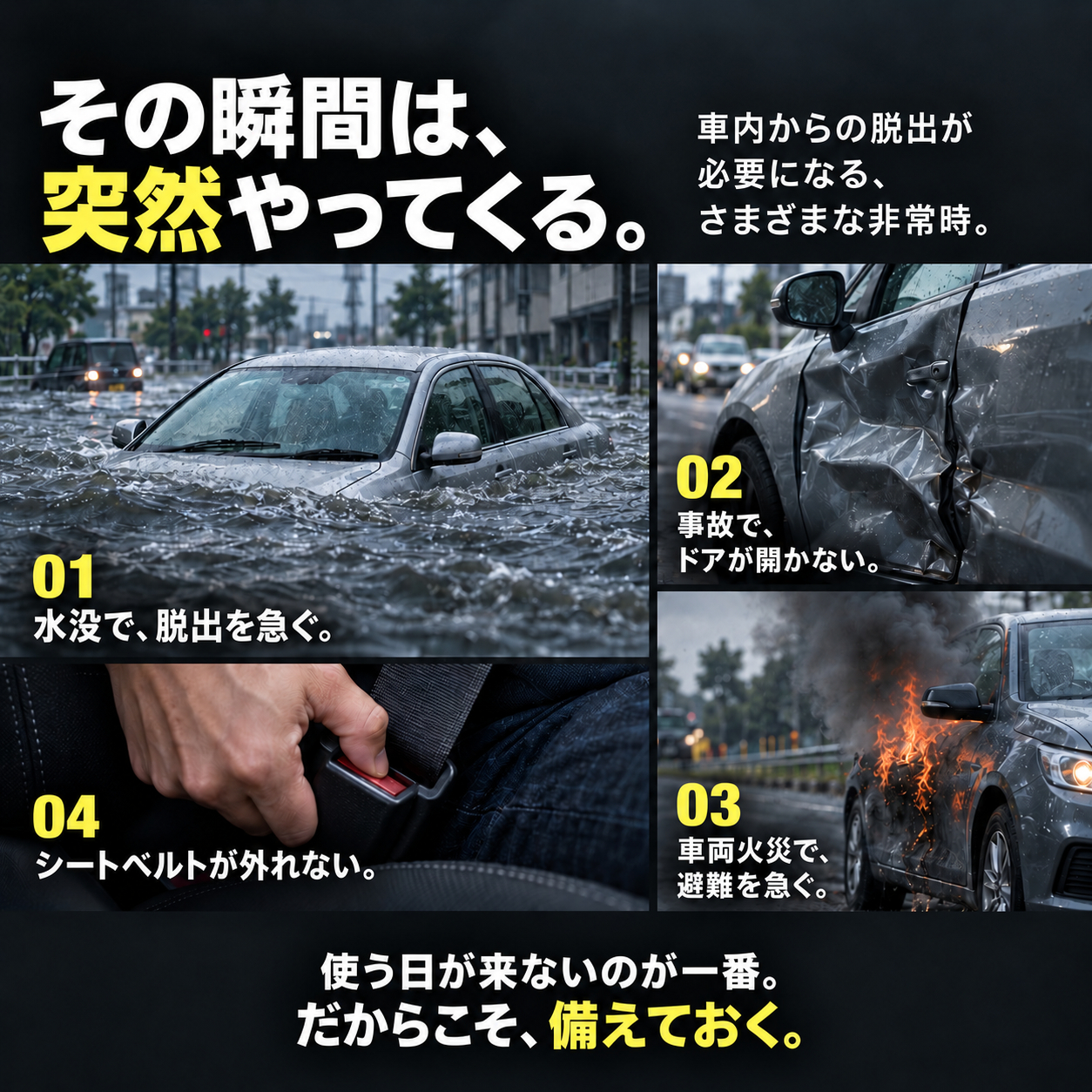 水没・事故・車両火災・シートベルトロックなど非常時への備え