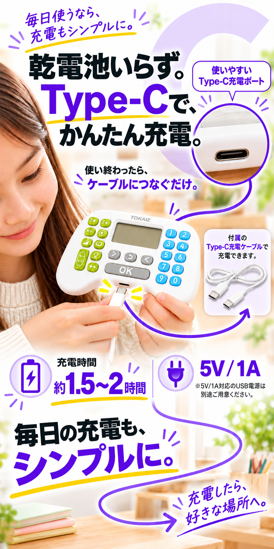 Type-C充電ポートと付属充電ケーブル・約1.5〜2時間充電