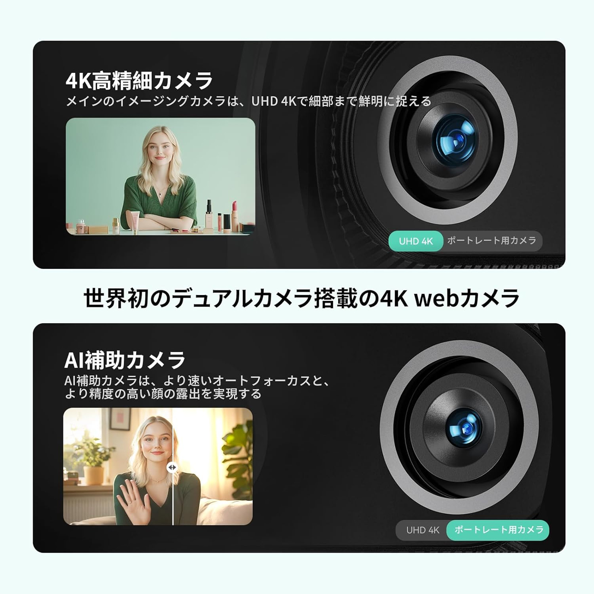 ウェブカメラ WEBカメラ 4K デュアルカメラ搭載 AI オートフォーカス