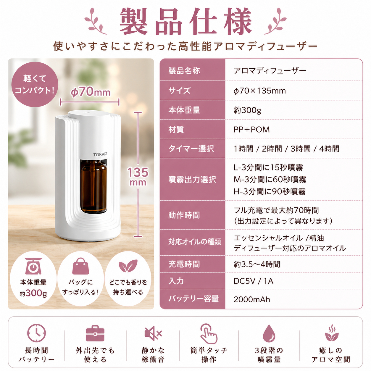 TOKAIZ TAD-005 コードレス水なしアロマディフューザー