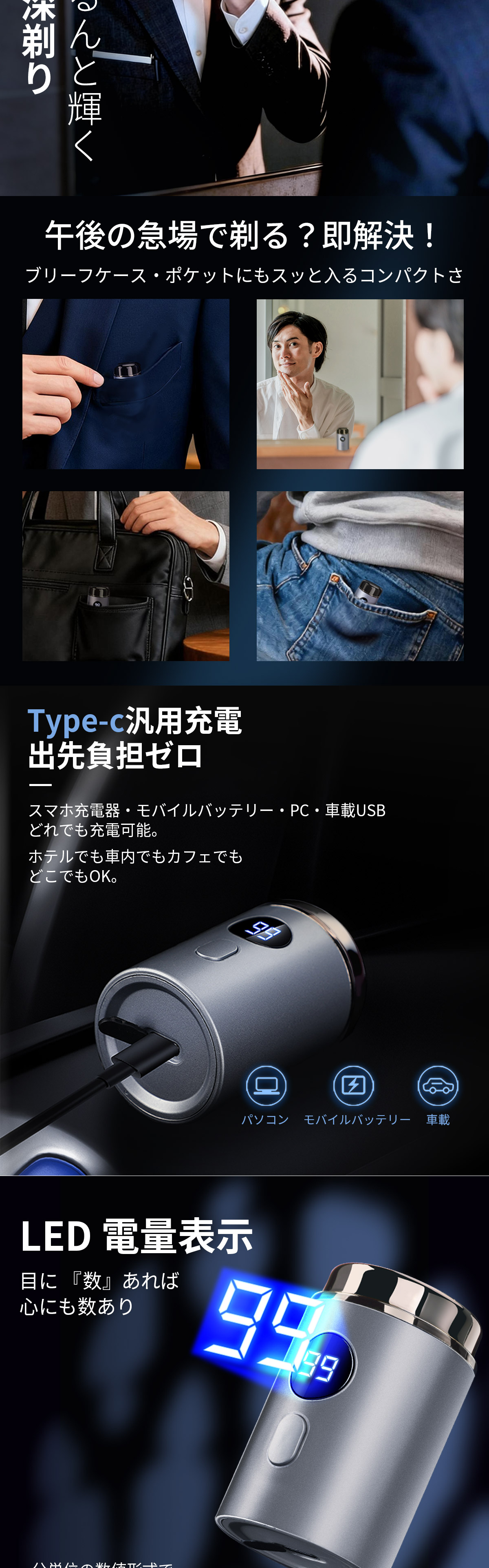 IPX66防水で網刃部分を水洗いできる電動髭剃り
