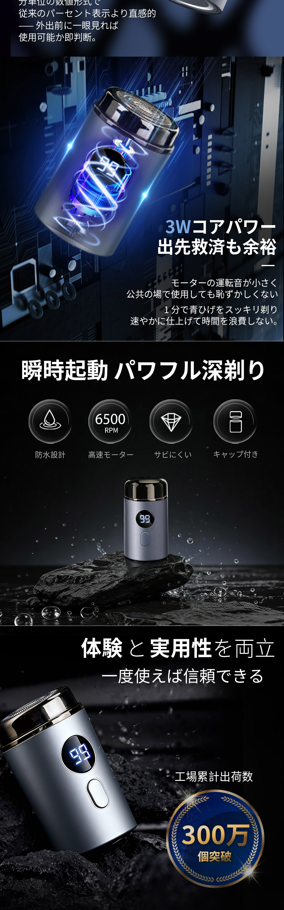 防塵キャップ付きで携帯しやすい小型シェーバー