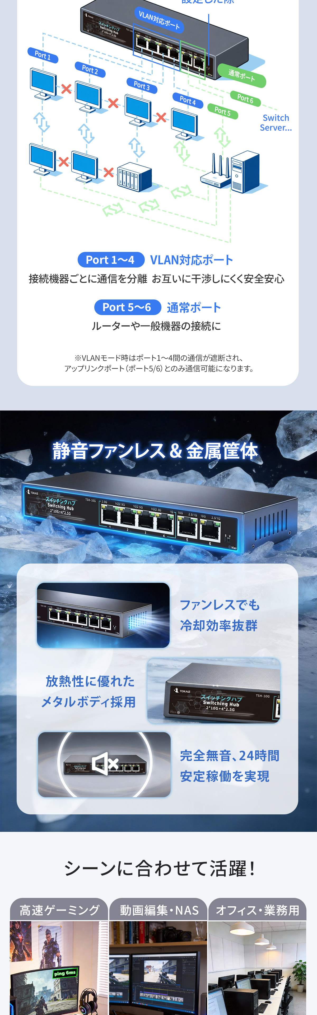 2026最新】TOKAIZ スイッチングハブ 6ポート アンマネージド 10ギガ×2